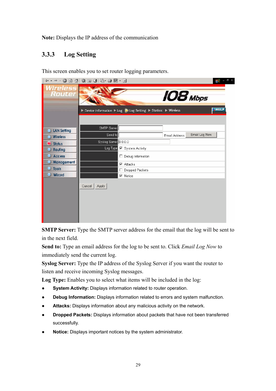 3 log, Setting, 3 log setting | LevelOne WBR-3405TX User Manual | Page 29 / 56
