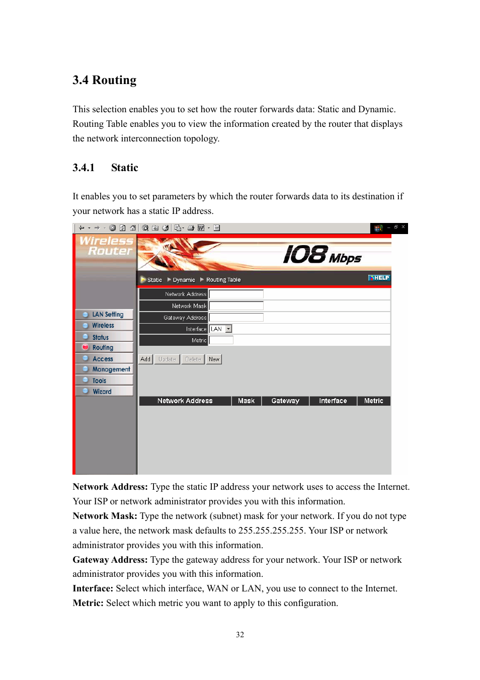 4 routing, 1 static | LevelOne WBR-3405TX User Manual | Page 32 / 56