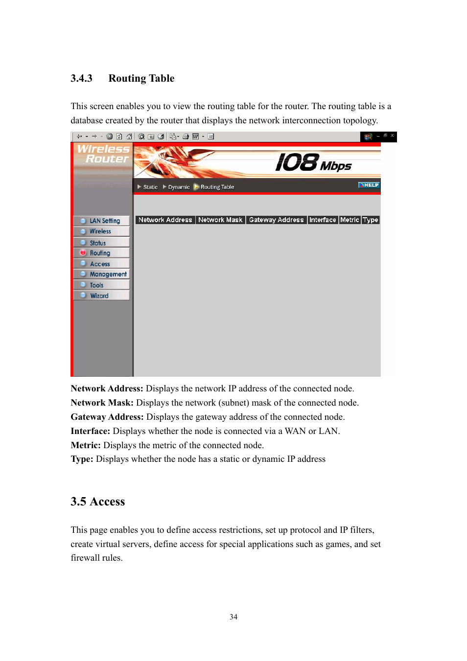 3 routing, Table, 5 access | LevelOne WBR-3405TX User Manual | Page 34 / 56