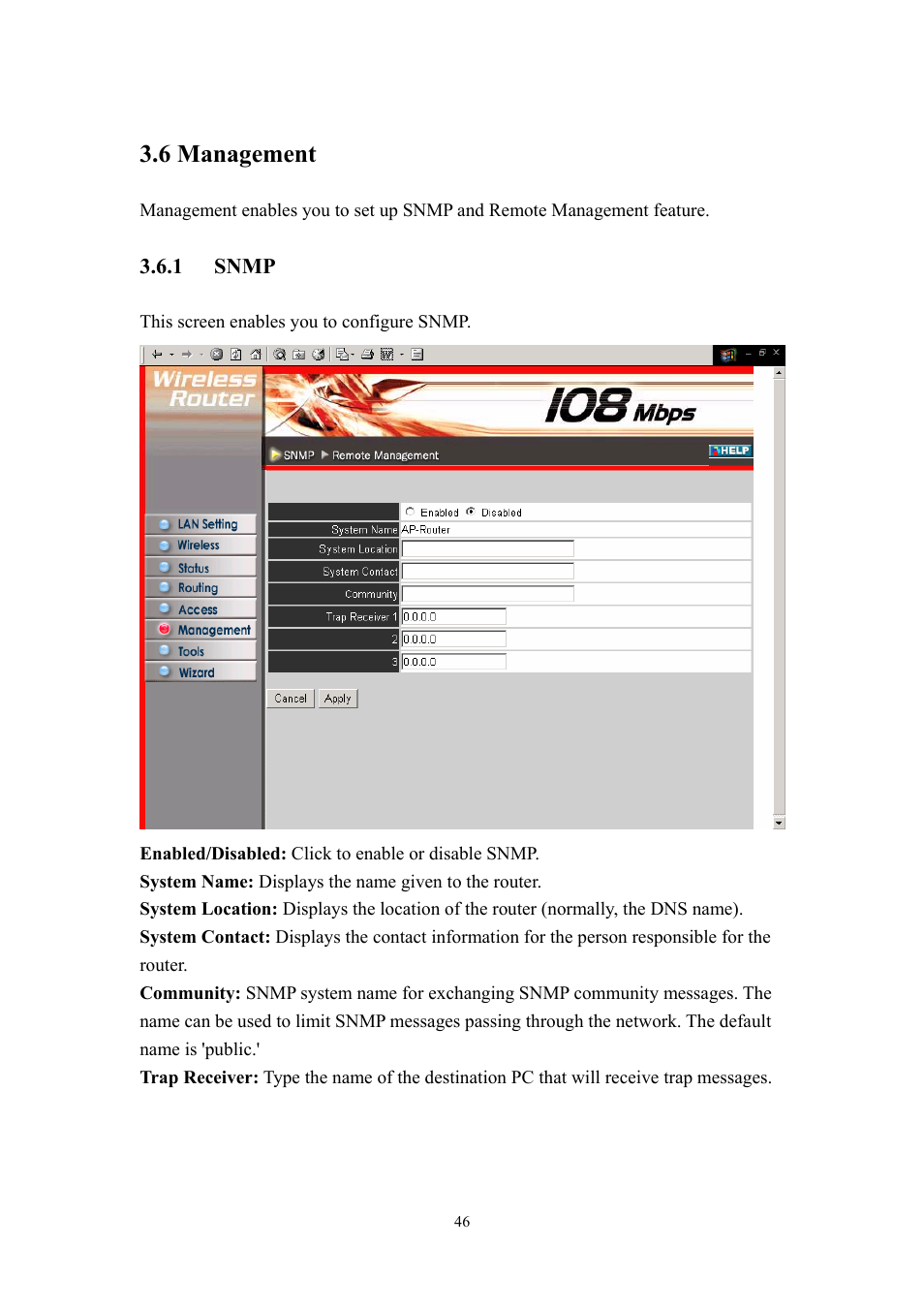 6 management, 1 snmp | LevelOne WBR-3405TX User Manual | Page 46 / 56
