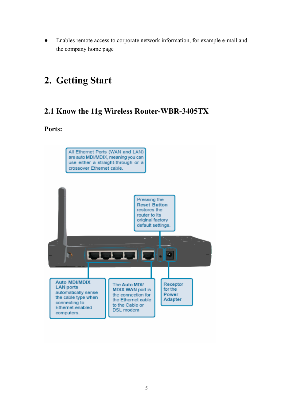 Getting, Start, Know the 11g wireless router-wbr-3405tx | Getting start | LevelOne WBR-3405TX User Manual | Page 5 / 56
