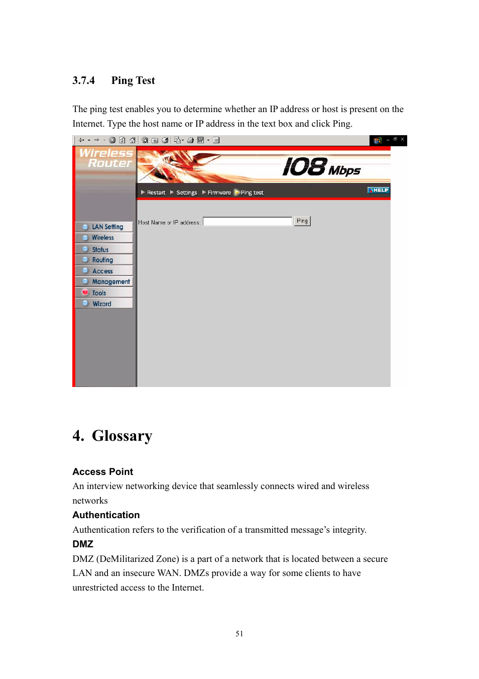 4 ping, Test, Glossary | LevelOne WBR-3405TX User Manual | Page 51 / 56
