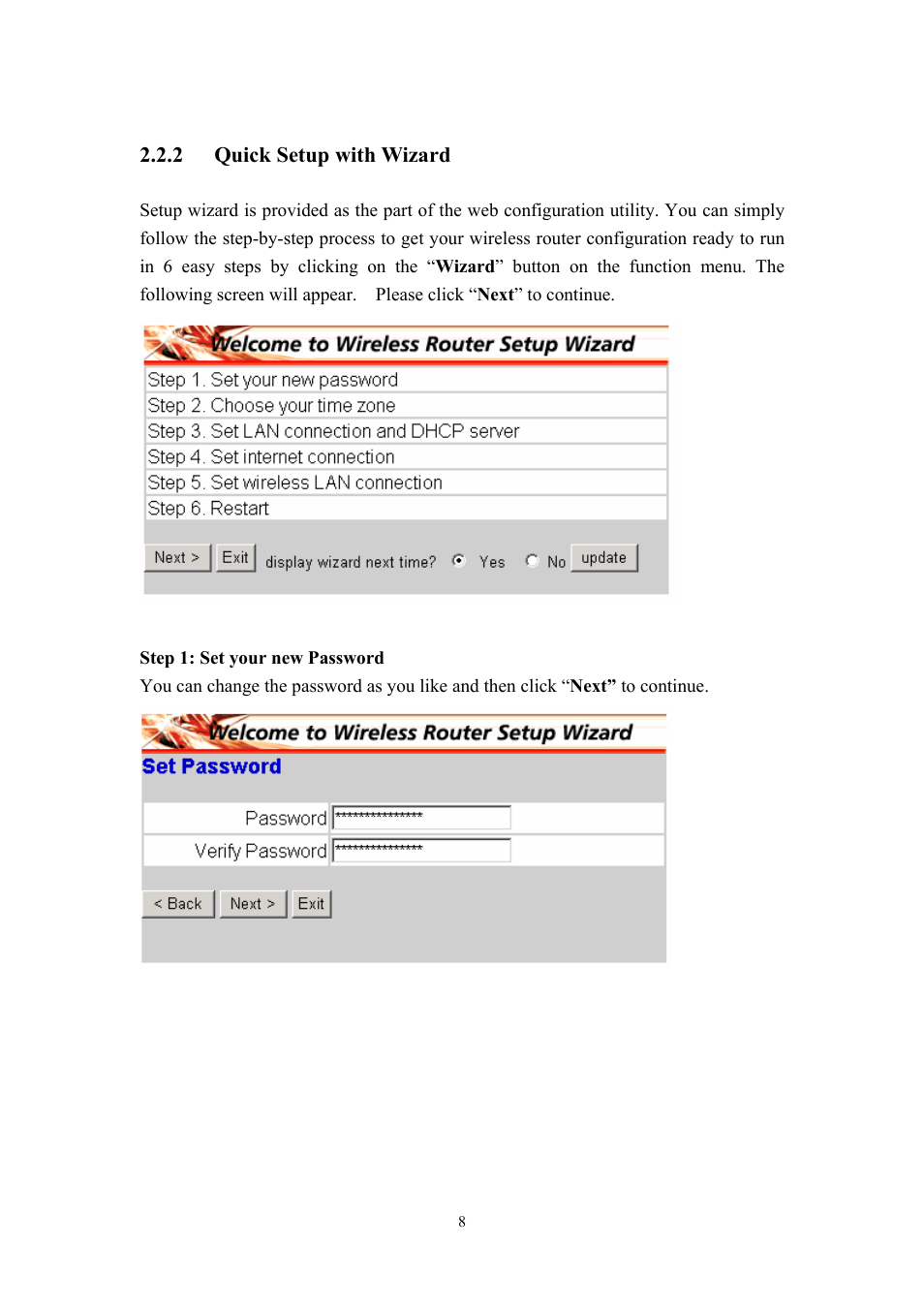 Quick setup with wizard | LevelOne WBR-3405TX User Manual | Page 8 / 56