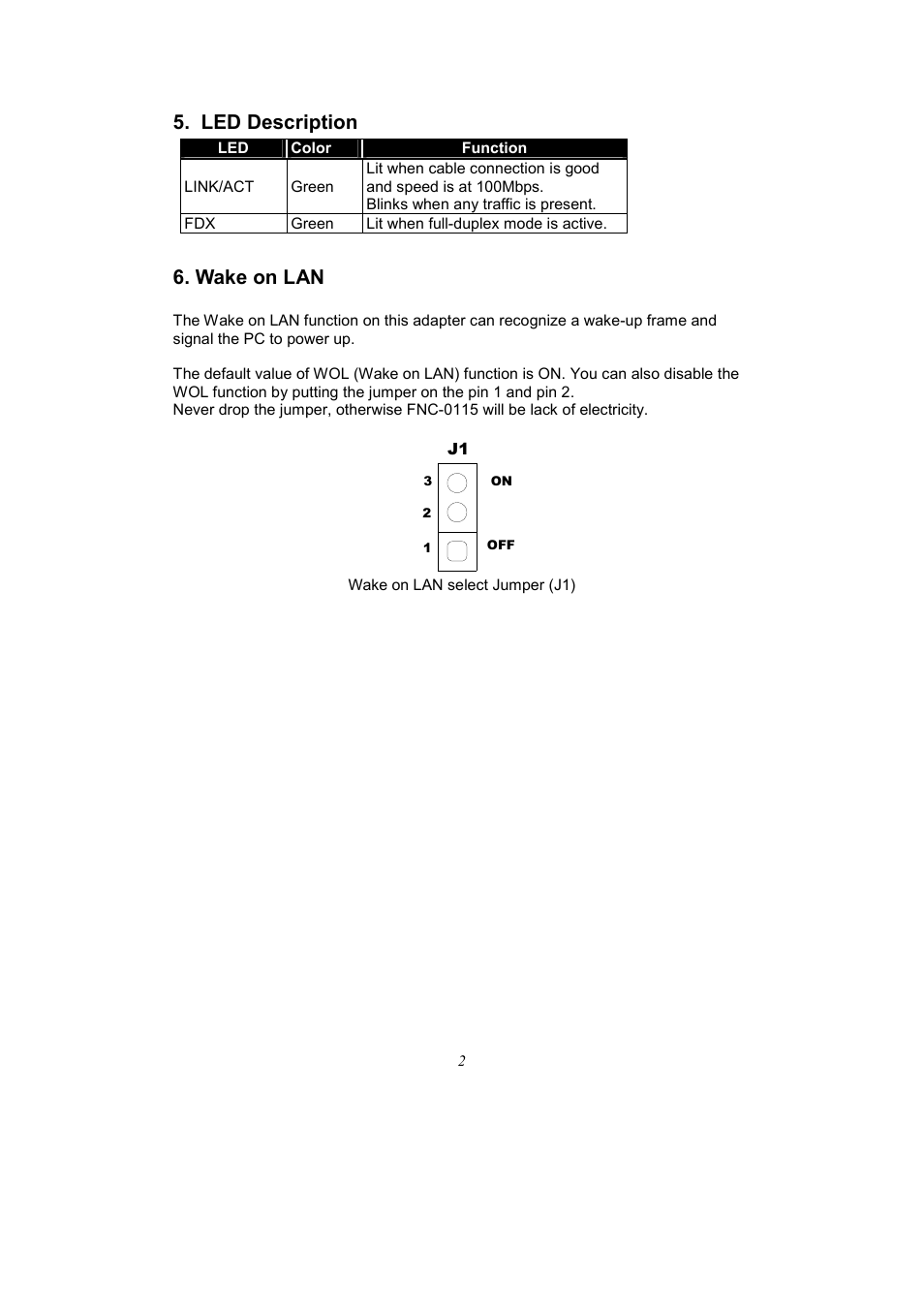 Led description, Wake on lan | LevelOne FNC-0115 User Manual | Page 5 / 7