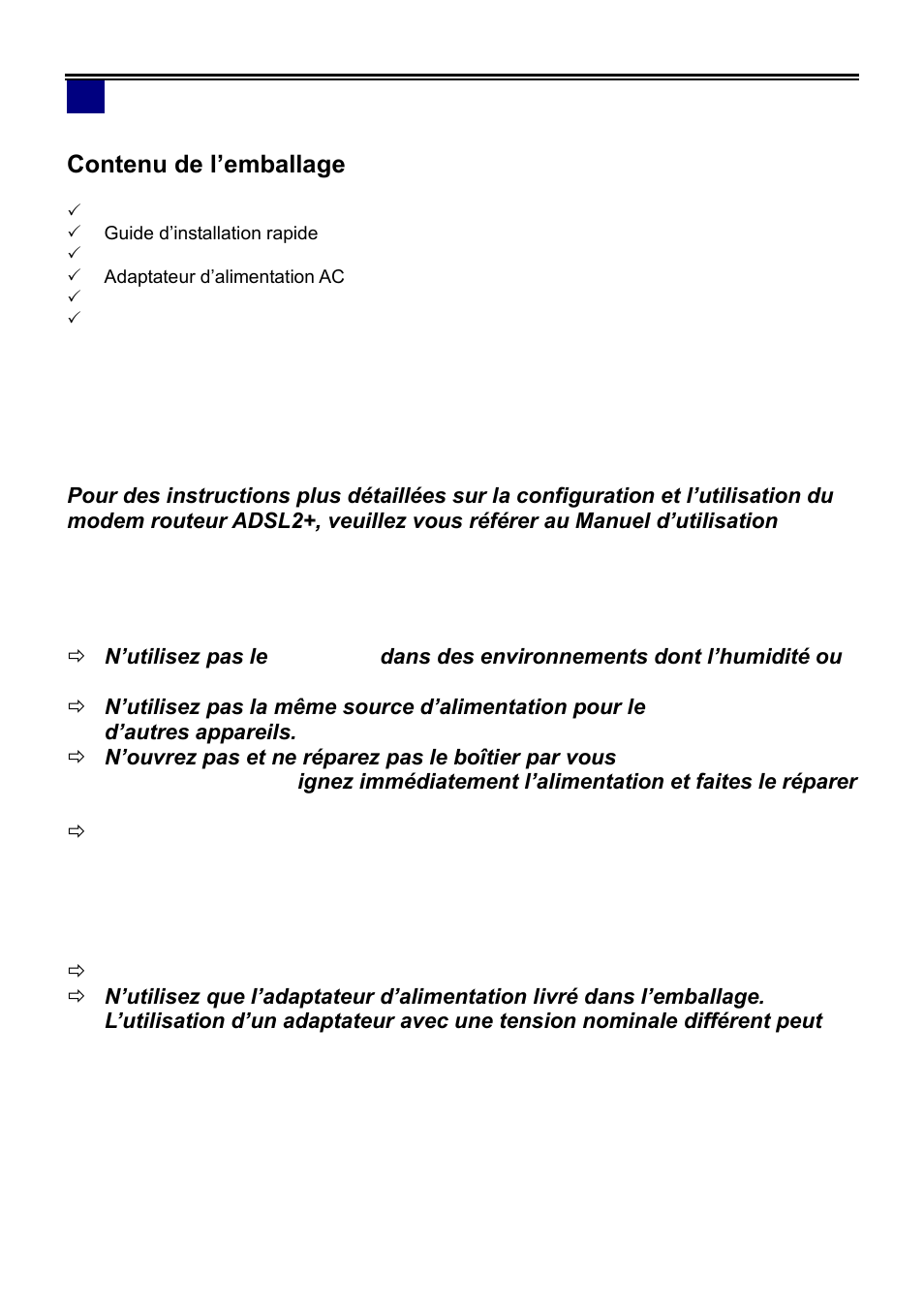 Contenu de l’emballage | LevelOne ADSL2 FBR-1461 User Manual | Page 15 / 79