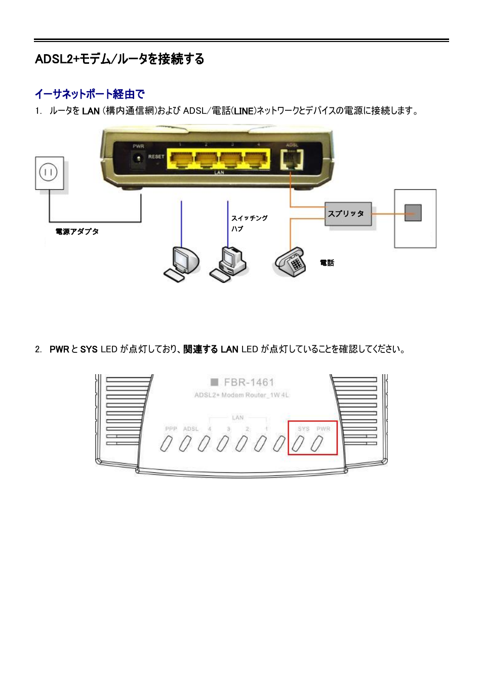 Adsl2+モデム/ルータを接続する, イーサネットポート経由で | LevelOne ADSL2 FBR-1461 User Manual | Page 61 / 79