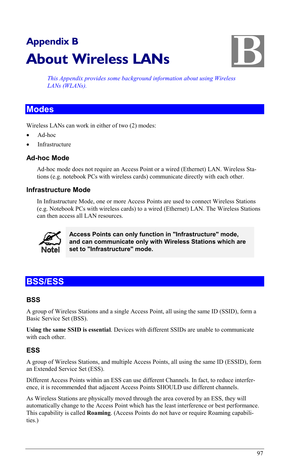 Appendix b about wireless lans, Modes, Bss/ess | Modes bss/ess, About wireless lans, Appendix b | LevelOne WBR-1400TX User Manual | Page 100 / 109