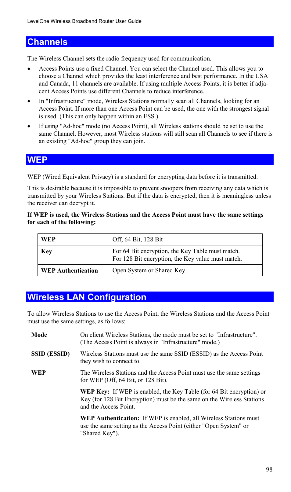 Channels, Wireless lan configuration, Channels wep wireless lan configuration | LevelOne WBR-1400TX User Manual | Page 101 / 109