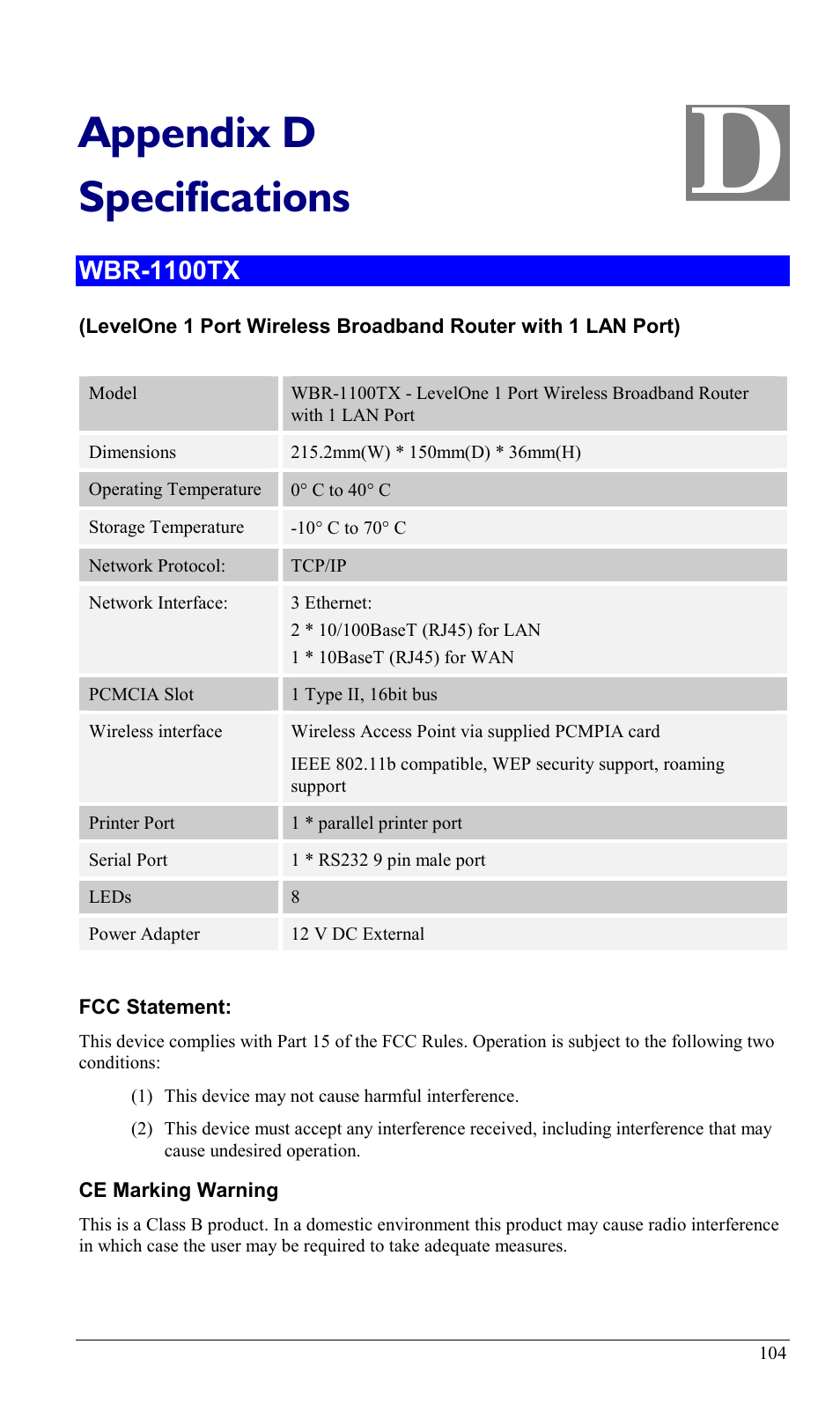 Appendix d specifications, Wbr-1100tx, Appendix d | Specifications | LevelOne WBR-1400TX User Manual | Page 107 / 109