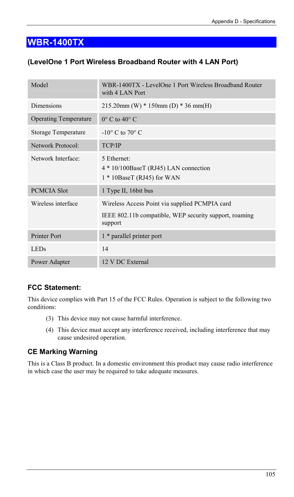 Wbr-1400tx | LevelOne WBR-1400TX User Manual | Page 108 / 109