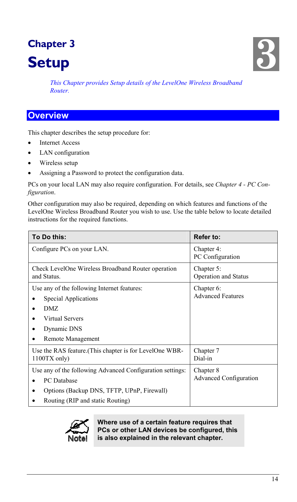 Chapter 3 setup, Overview, Setup | Chapter 3 | LevelOne WBR-1400TX User Manual | Page 17 / 109