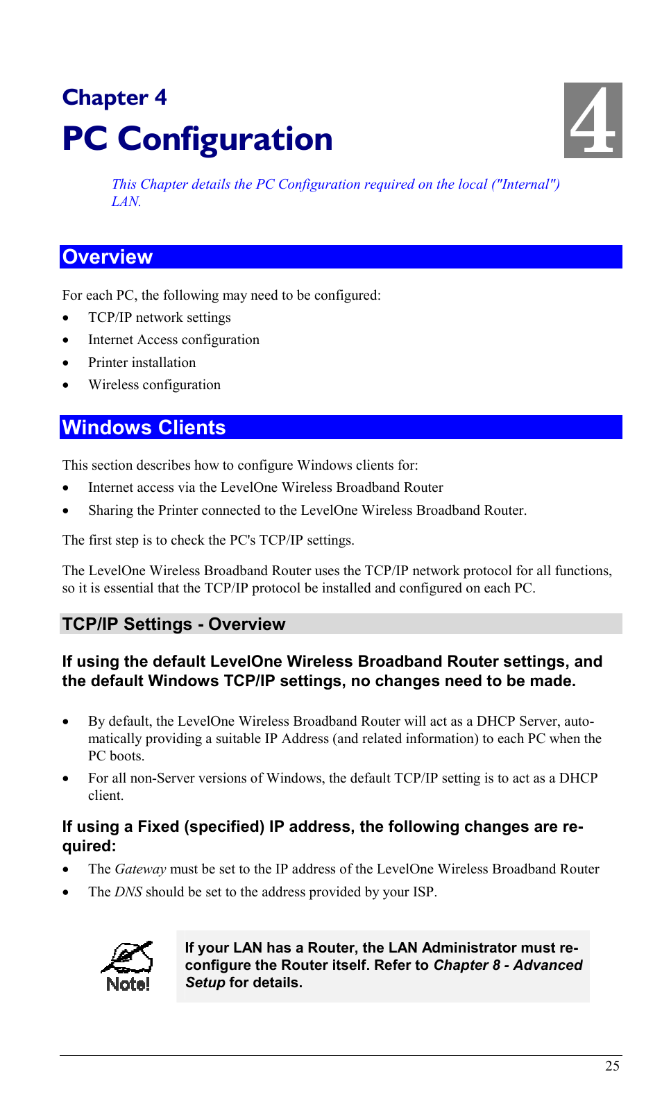 Chapter 4 pc configuration, Overview, Windows clients | Overview windows clients, Pc configuration, Chapter 4 | LevelOne WBR-1400TX User Manual | Page 28 / 109