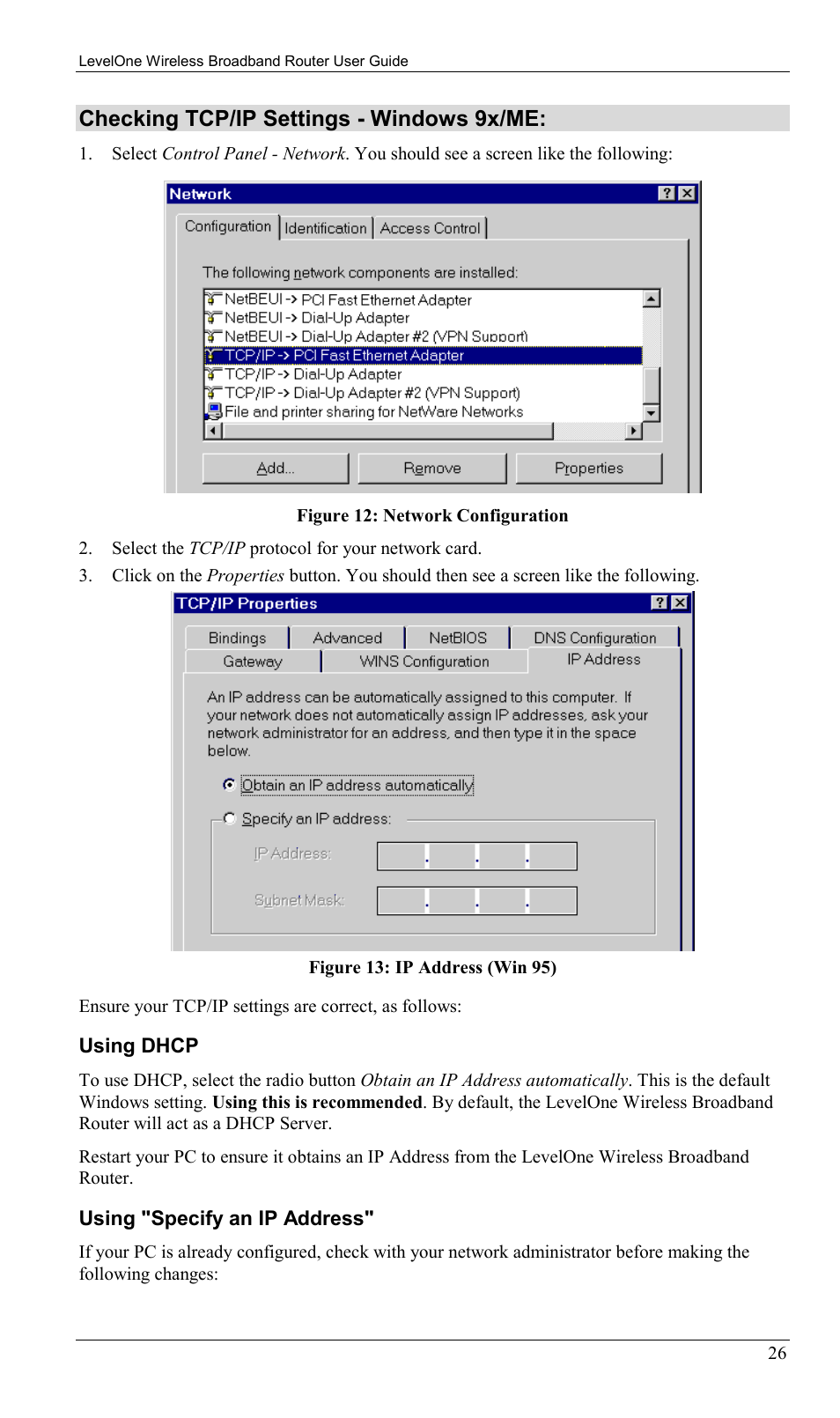 Checking tcp/ip settings - windows 9x/me | LevelOne WBR-1400TX User Manual | Page 29 / 109