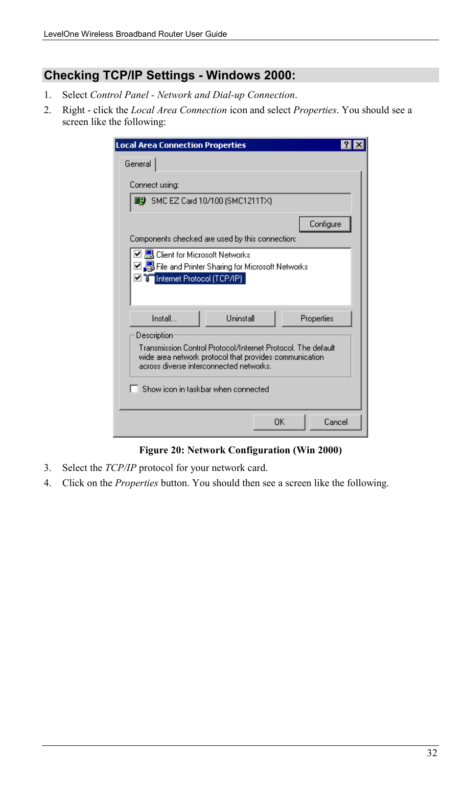 Checking tcp/ip settings - windows 2000 | LevelOne WBR-1400TX User Manual | Page 35 / 109