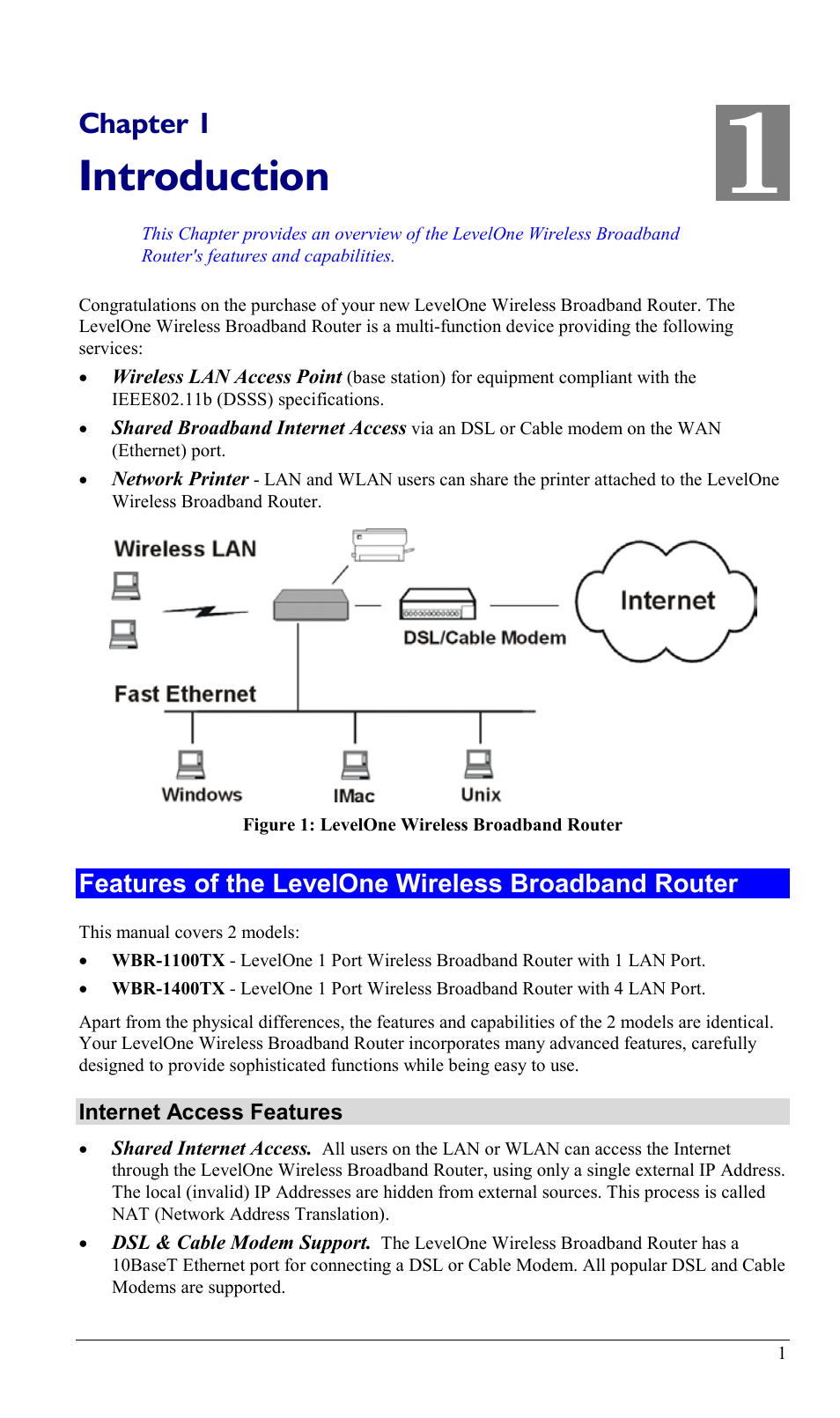 Chapter 1 introduction, Features of the levelone wireless broadband router, Introduction | Chapter 1 | LevelOne WBR-1400TX User Manual | Page 4 / 109