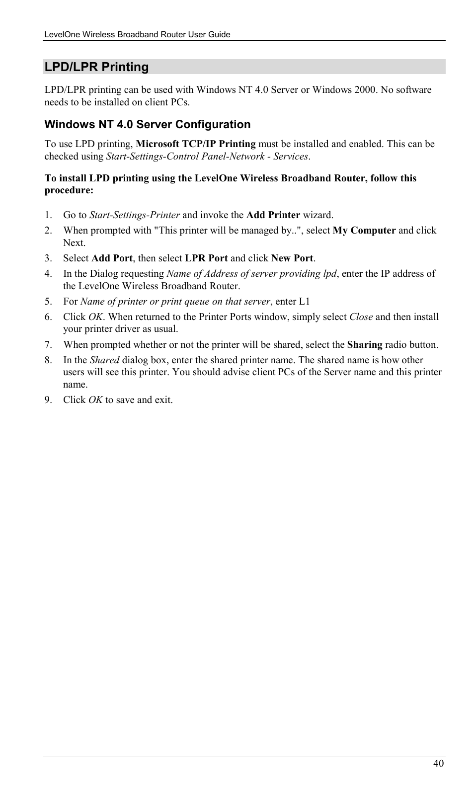 Lpd/lpr printing | LevelOne WBR-1400TX User Manual | Page 43 / 109