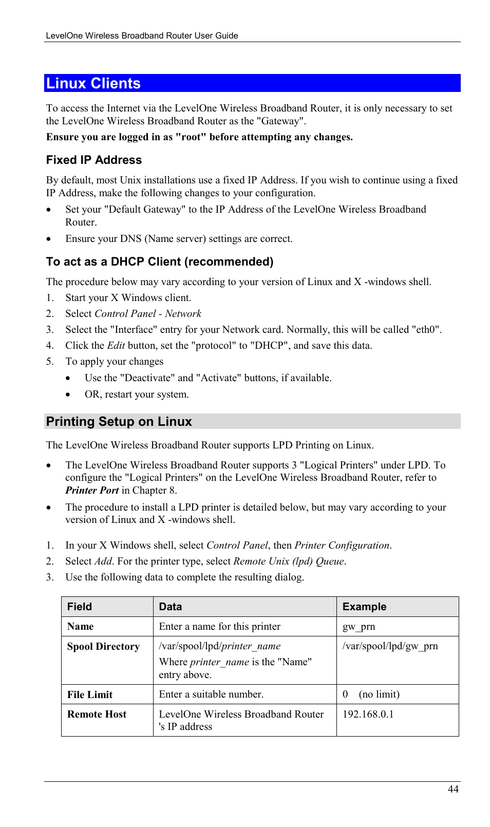 Linux clients, Printing setup on linux | LevelOne WBR-1400TX User Manual | Page 47 / 109