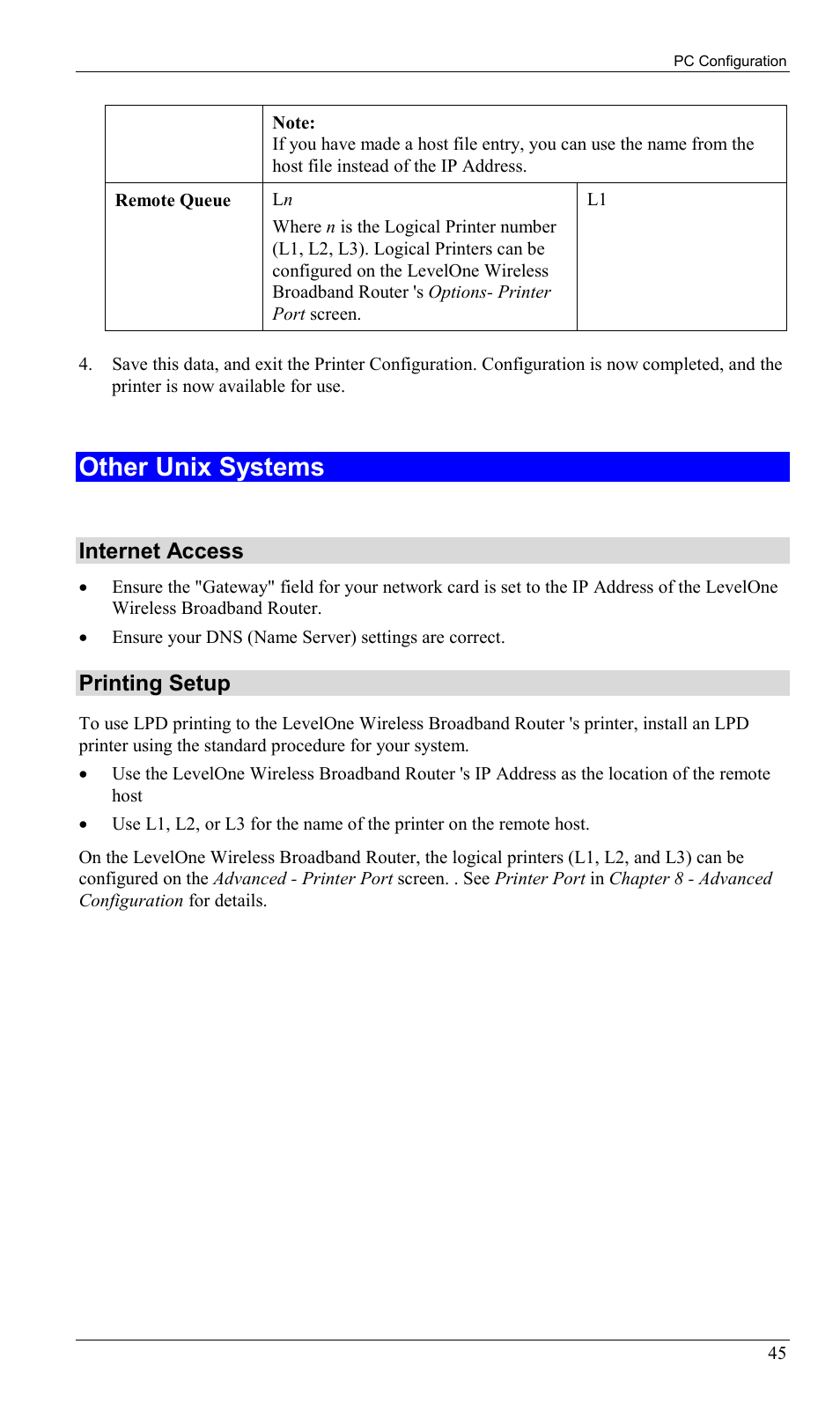 Other unix systems, Internet access, Printing setup | LevelOne WBR-1400TX User Manual | Page 48 / 109