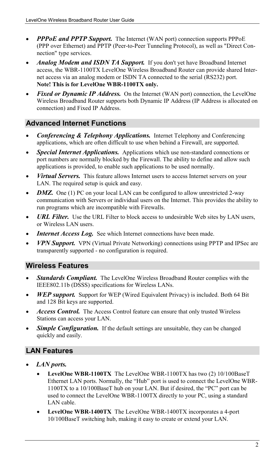 Advanced internet functions, Wireless features, Lan features | LevelOne WBR-1400TX User Manual | Page 5 / 109