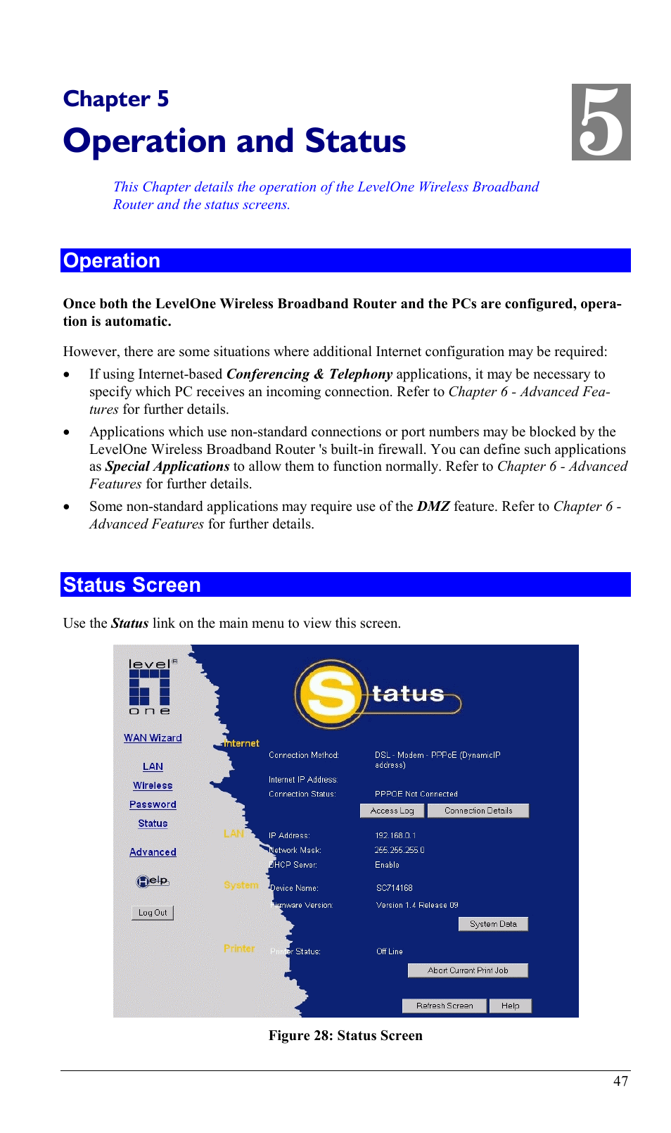 Chapter 5 operation and status, Operation, Status screen | Operation status screen, Operation and status | LevelOne WBR-1400TX User Manual | Page 50 / 109