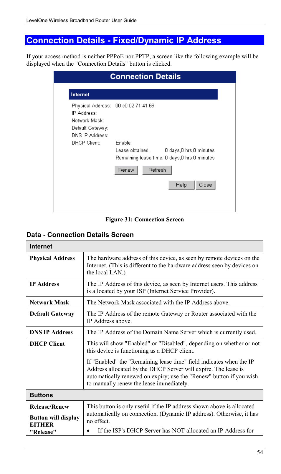 Connection details - fixed/dynamic ip address | LevelOne WBR-1400TX User Manual | Page 57 / 109