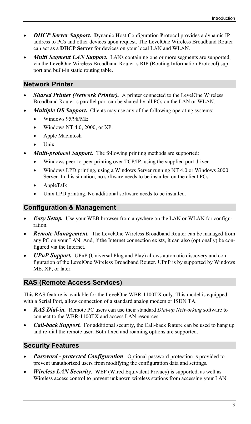 Network printer, Configuration & management, Ras (remote access services) | Security features | LevelOne WBR-1400TX User Manual | Page 6 / 109