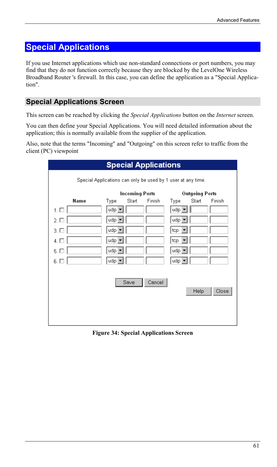 Special applications, Special applications screen | LevelOne WBR-1400TX User Manual | Page 64 / 109
