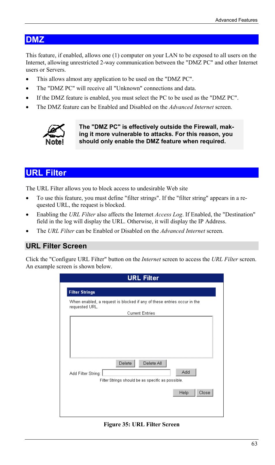 Url filter, Dmz url filter, Url filter screen | LevelOne WBR-1400TX User Manual | Page 66 / 109