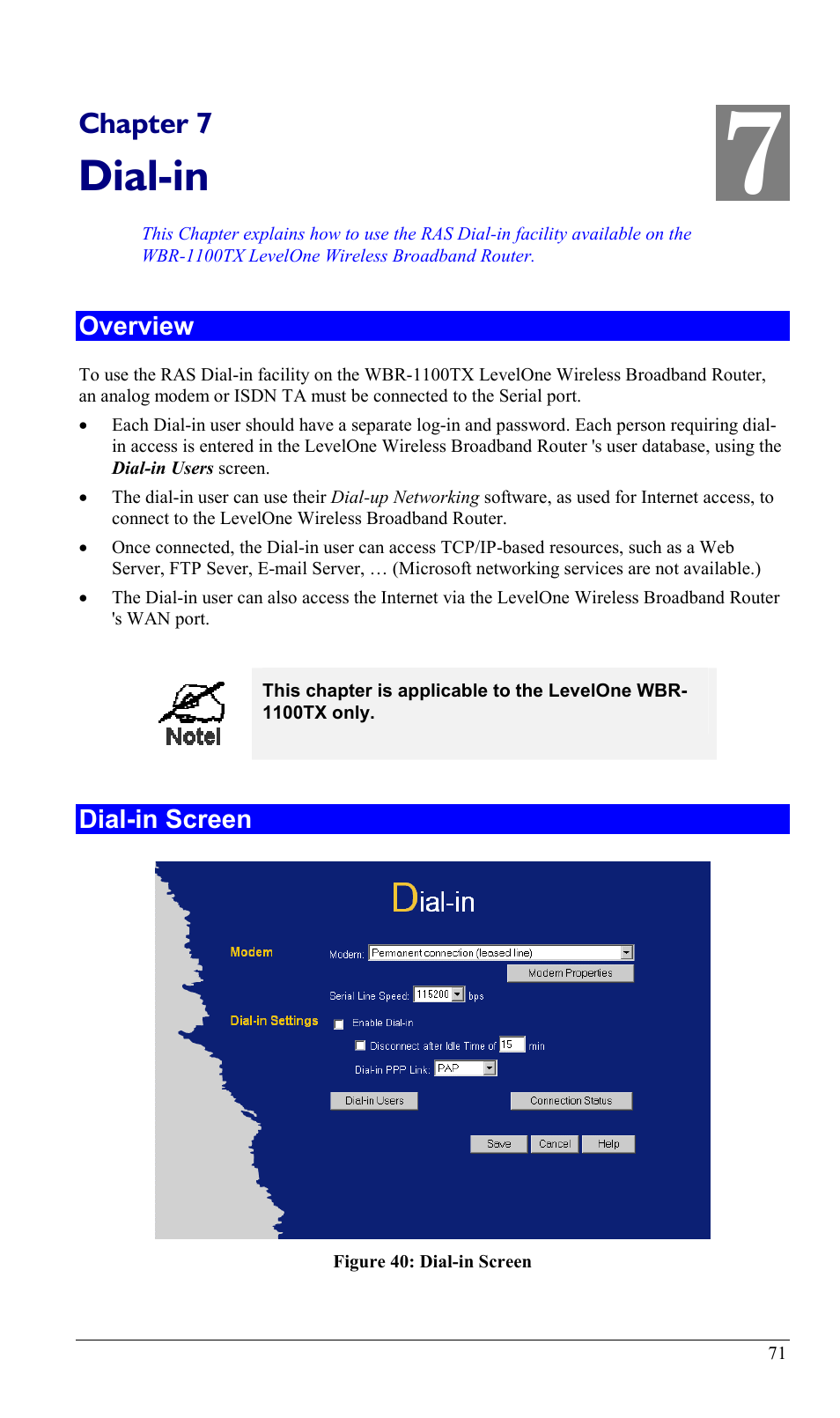 Chapter 7 dial-in, Overview, Dial-in screen | Overview dial-in screen, Dial-in, Chapter 7 | LevelOne WBR-1400TX User Manual | Page 74 / 109