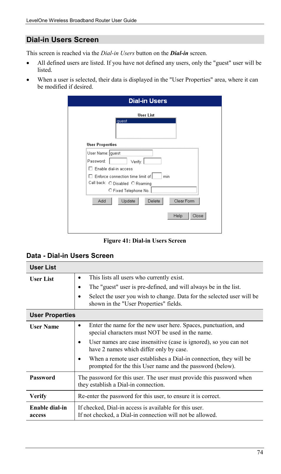 Dial-in users screen | LevelOne WBR-1400TX User Manual | Page 77 / 109