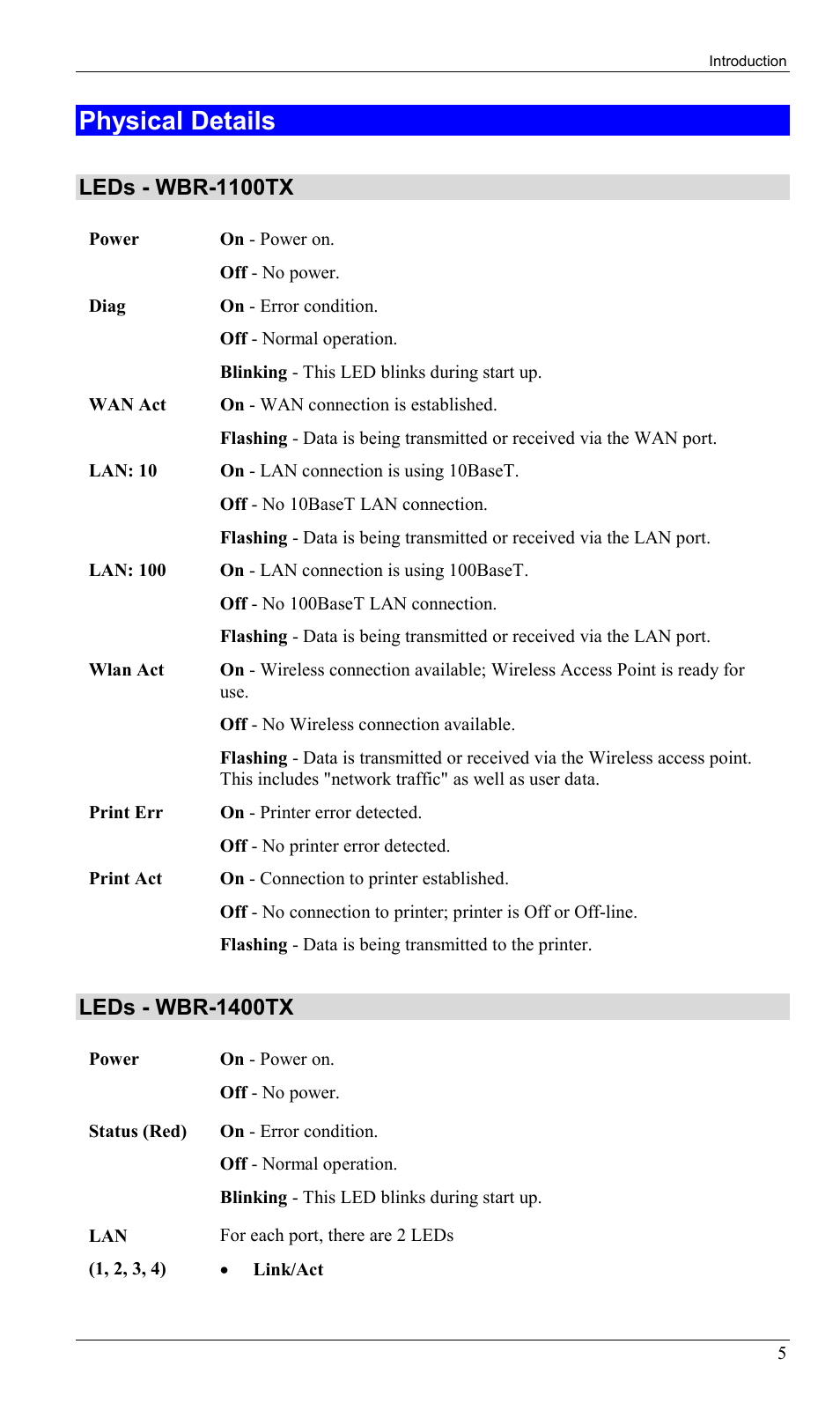 Physical details, Leds - wbr-1100tx, Leds - wbr-1400tx | LevelOne WBR-1400TX User Manual | Page 8 / 109