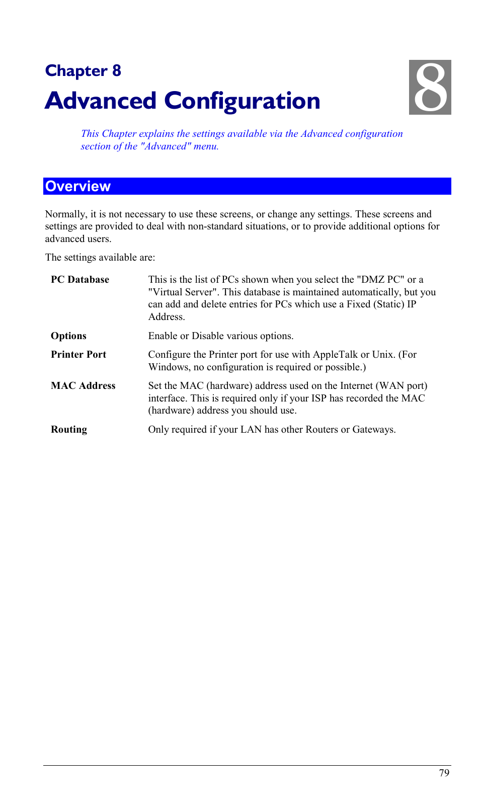 Chapter 8 advanced configuration, Overview, Advanced configuration | Chapter 8 | LevelOne WBR-1400TX User Manual | Page 82 / 109