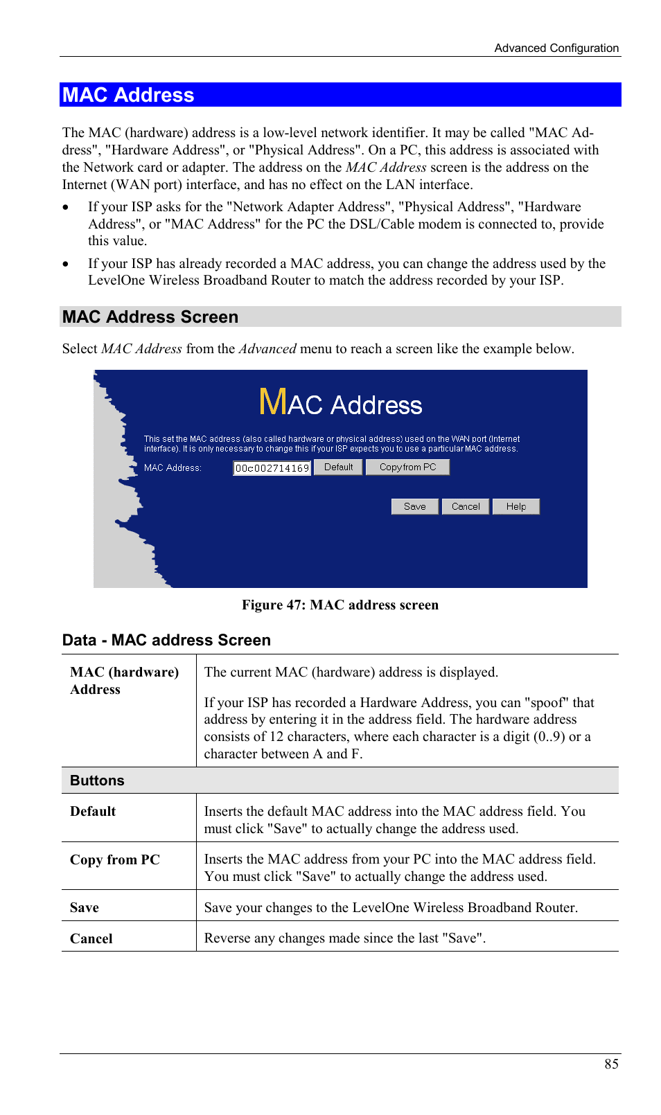 Mac address, Mac address screen | LevelOne WBR-1400TX User Manual | Page 88 / 109