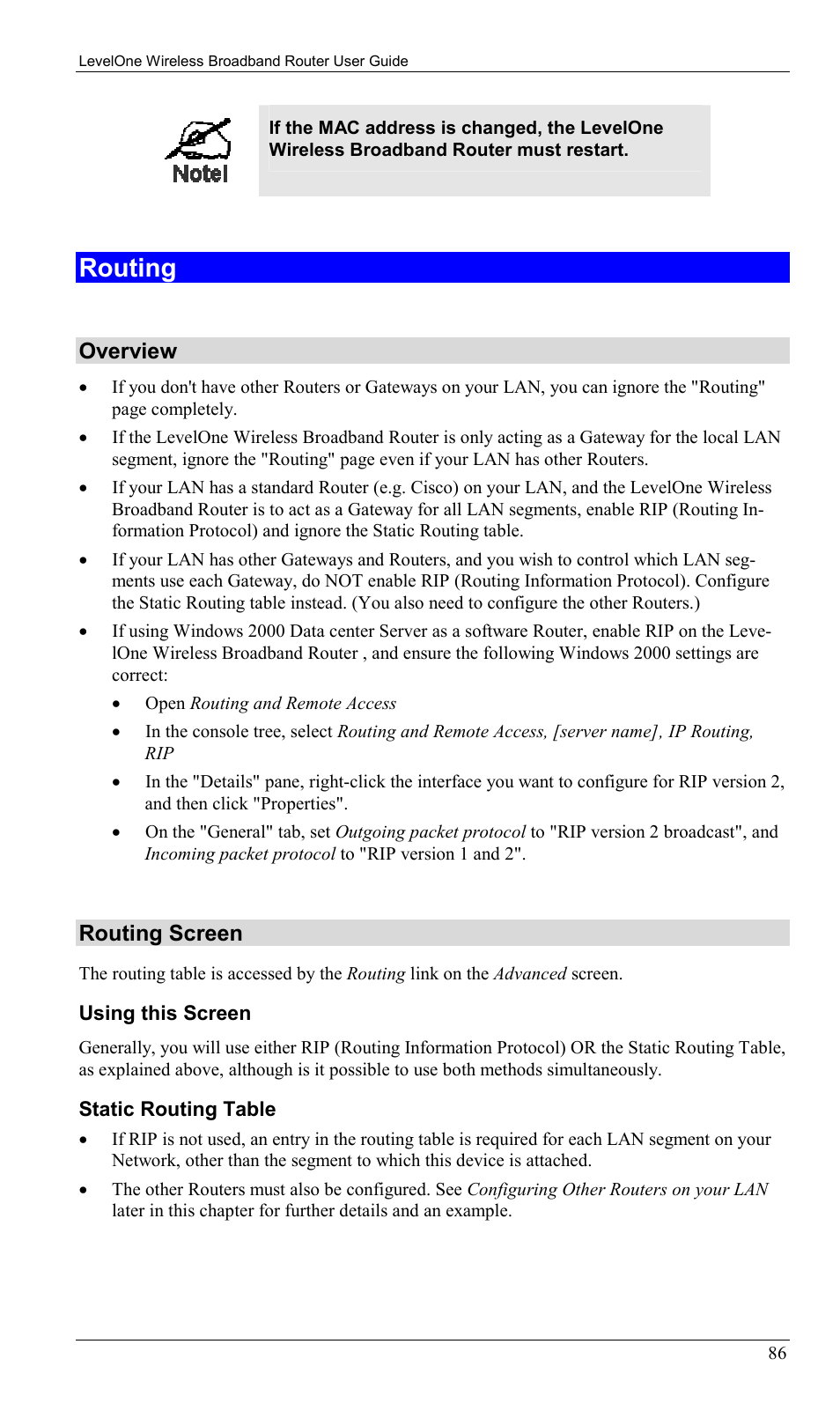 Routing, Overview, Routing screen | LevelOne WBR-1400TX User Manual | Page 89 / 109