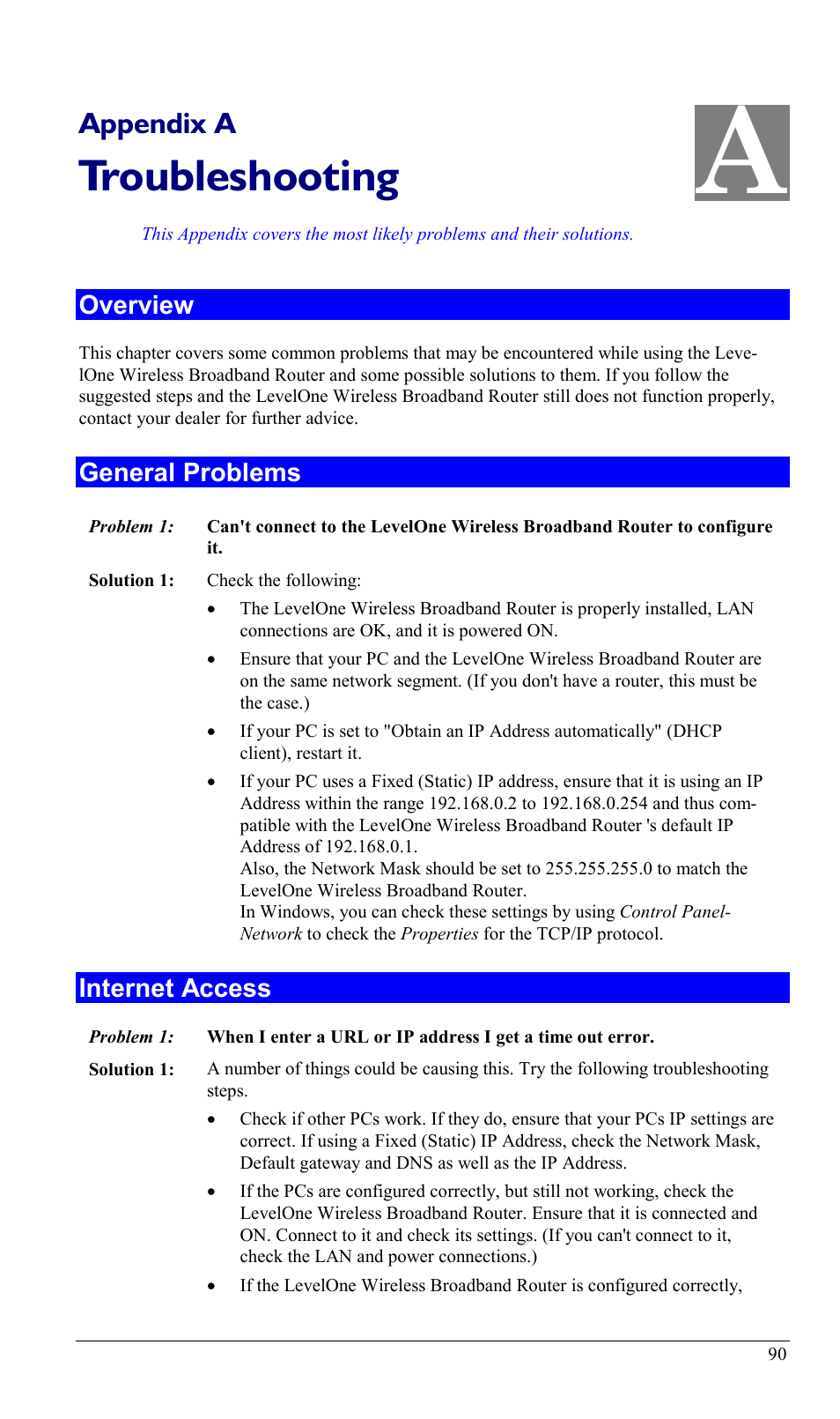 Appendix a troubleshooting, Overview, General problems | Internet access, Overview general problems internet access, Troubleshooting, Appendix a | LevelOne WBR-1400TX User Manual | Page 93 / 109