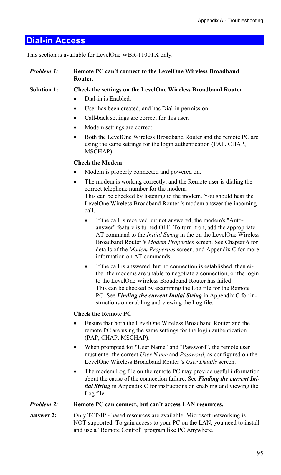 Dial-in access | LevelOne WBR-1400TX User Manual | Page 98 / 109