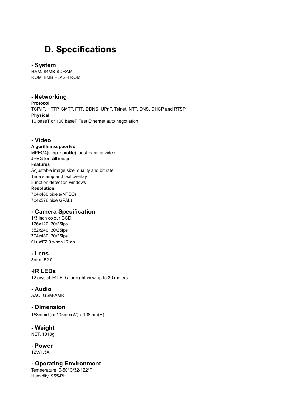 D. specifications | LevelOne FCS-5030 User Manual | Page 104 / 114