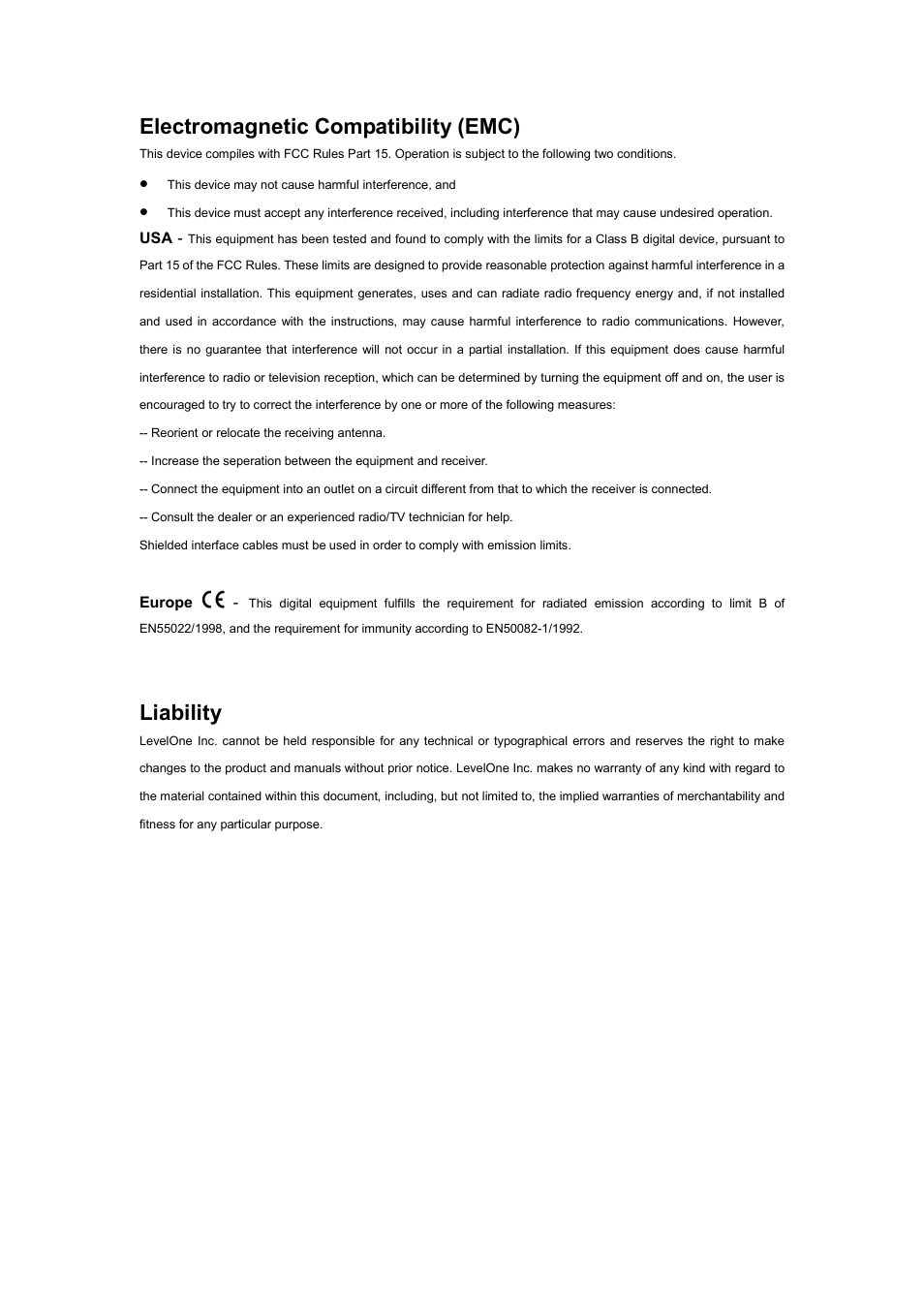Electromagnetic compatibility (emc), Liability | LevelOne FCS-5030 User Manual | Page 108 / 114