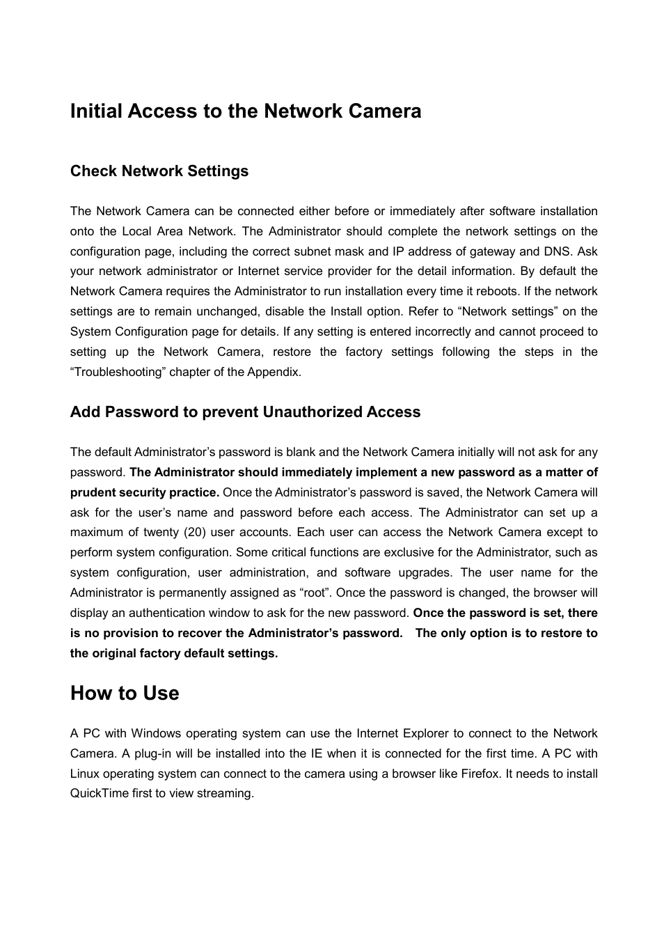 Initial access to the network camera, How to use, Check network settings | Add password to prevent unauthorized access | LevelOne FCS-5030 User Manual | Page 29 / 114