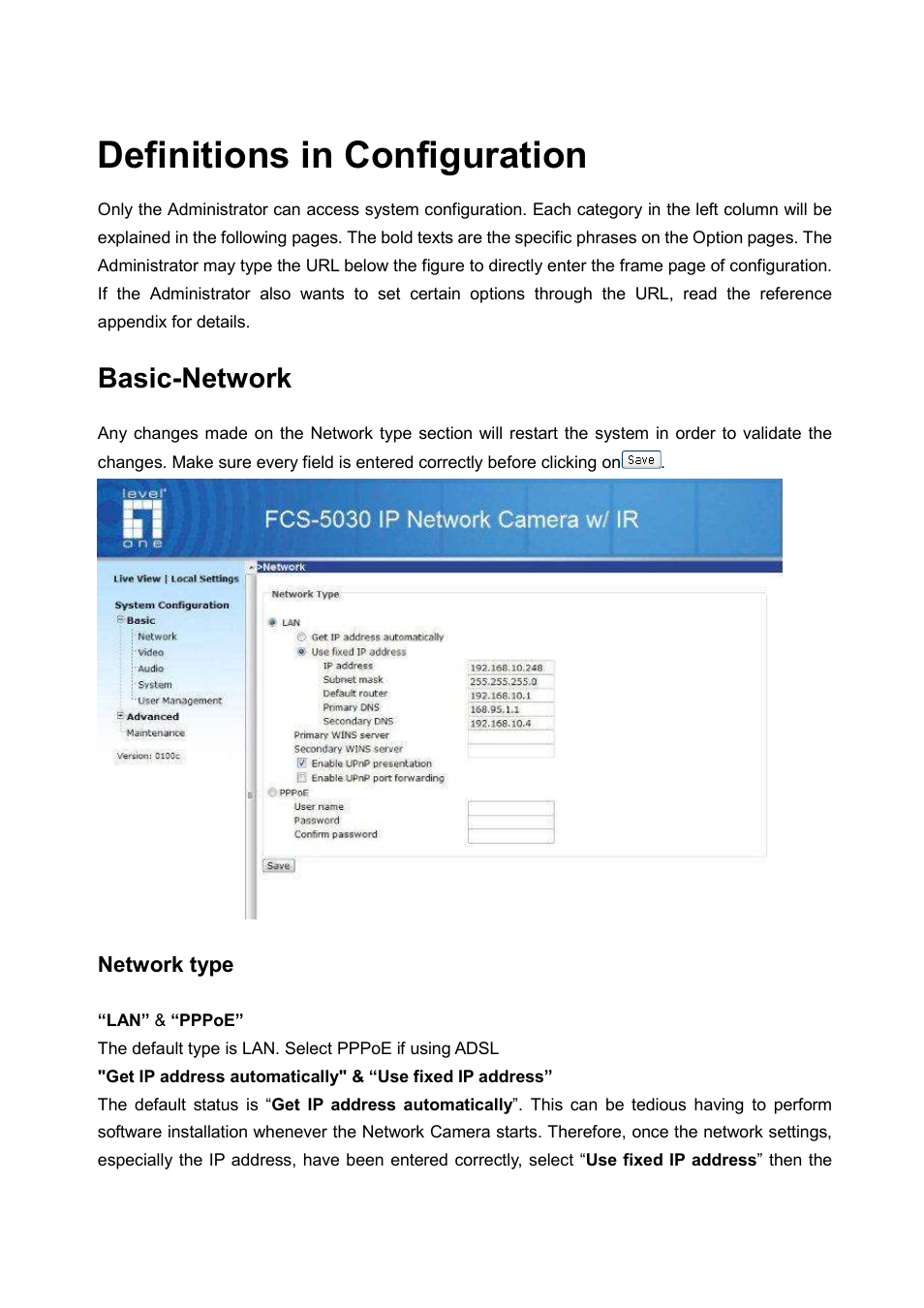 Definitions in configuration, Basic-network, Network type | LevelOne FCS-5030 User Manual | Page 44 / 114