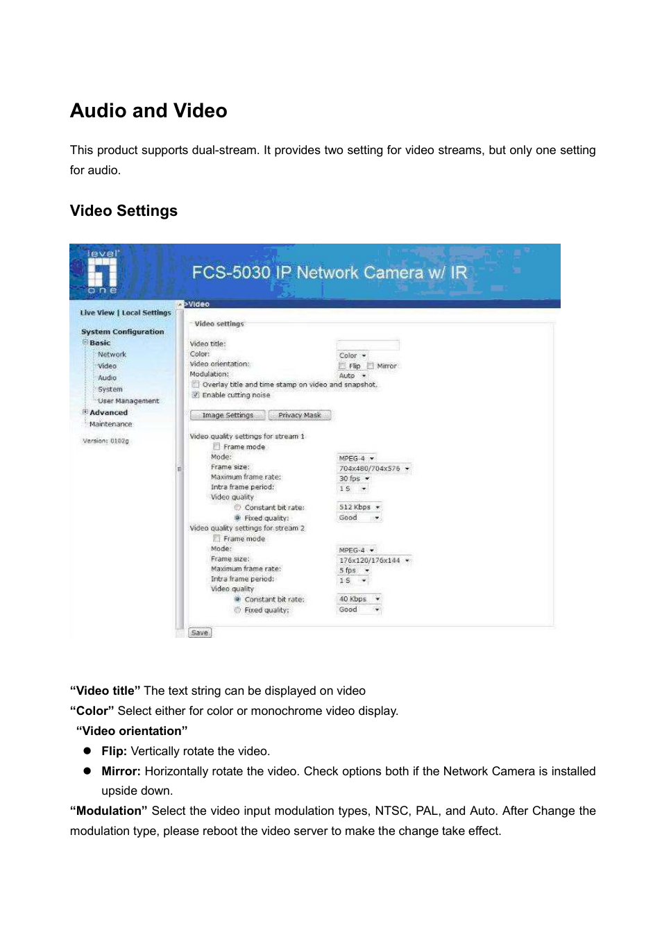 Audio and video, Video settings | LevelOne FCS-5030 User Manual | Page 46 / 114