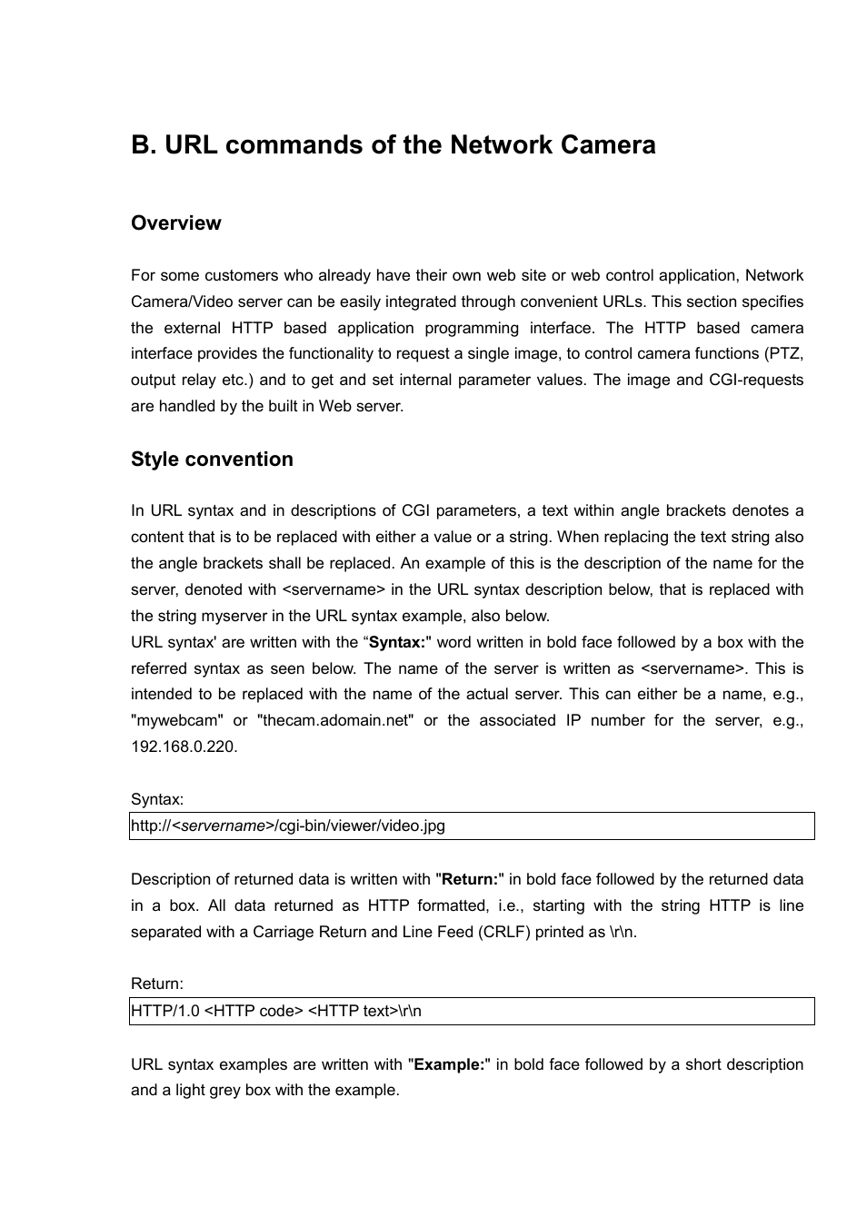 B. url commands of the network camera, Overview, Style convention | LevelOne FCS-5030 User Manual | Page 72 / 114