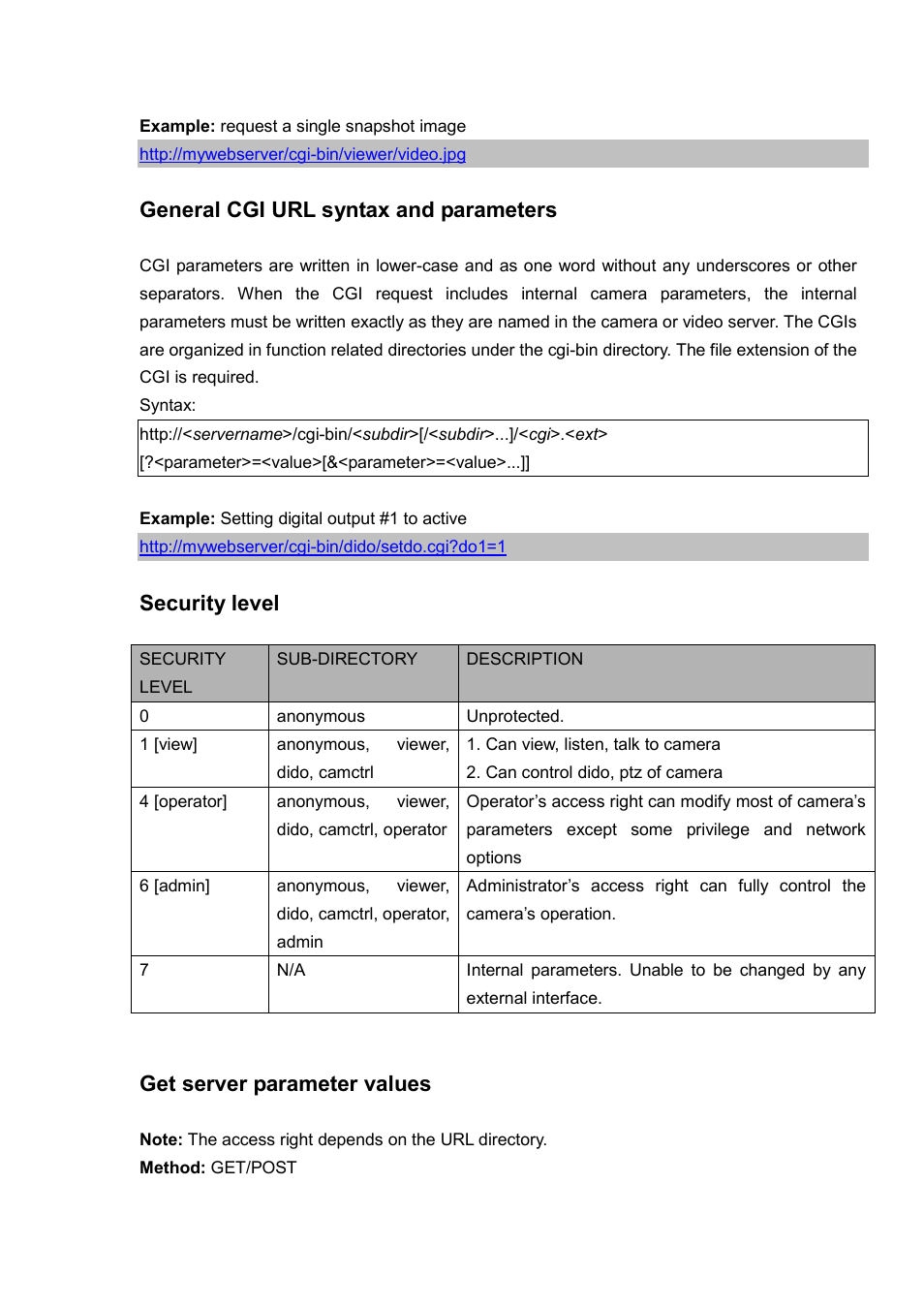 General cgi url syntax and parameters, Security level, Get server parameter values | LevelOne FCS-5030 User Manual | Page 73 / 114