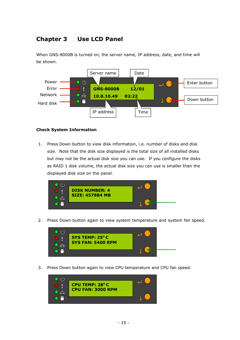 Chapter 3 use lcd panel | LevelOne 4-bay Sata NAS w/2 Gigabit Ethernet GNS-8000B User Manual | Page 15 / 135