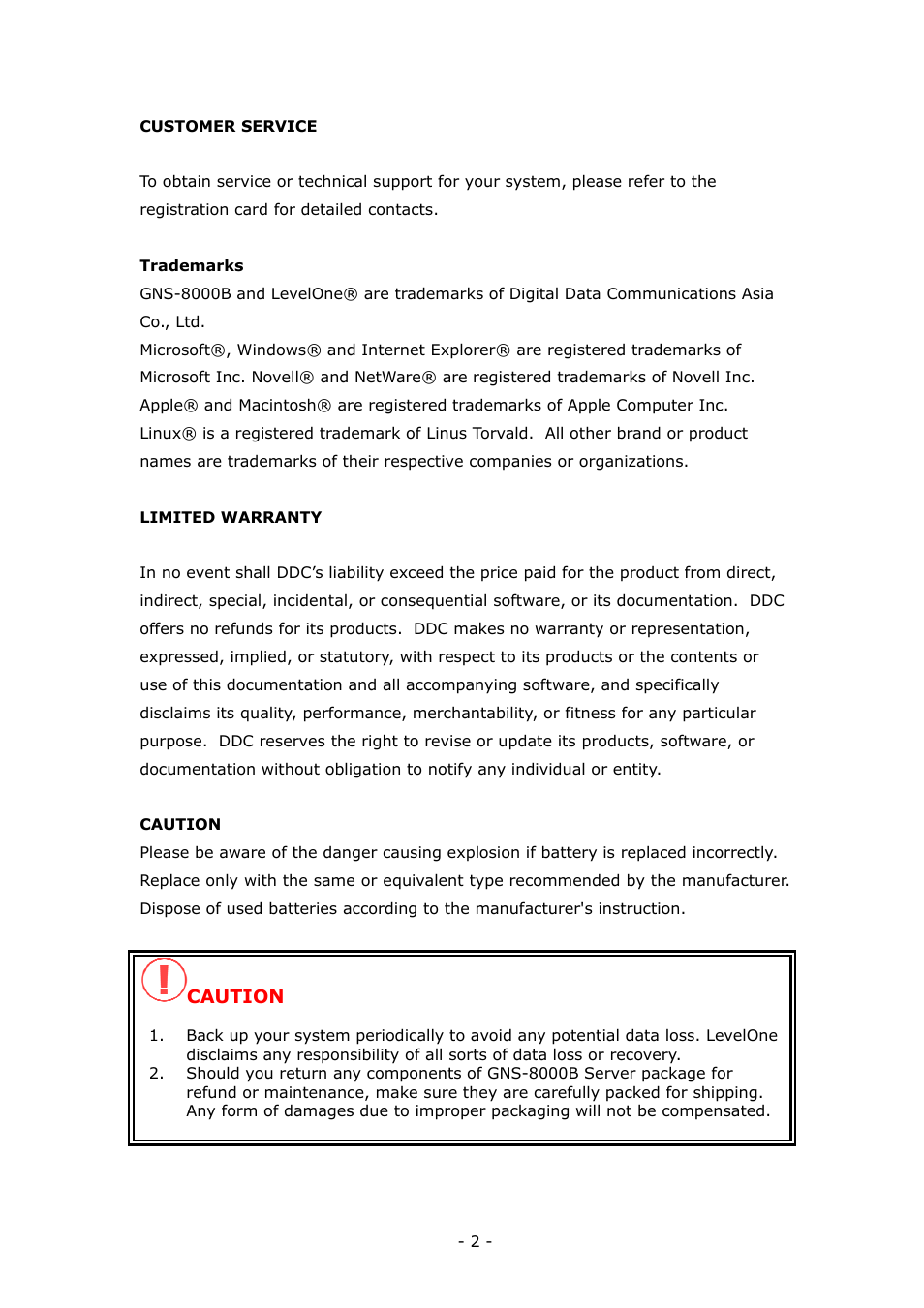 LevelOne 4-bay Sata NAS w/2 Gigabit Ethernet GNS-8000B User Manual | Page 2 / 135