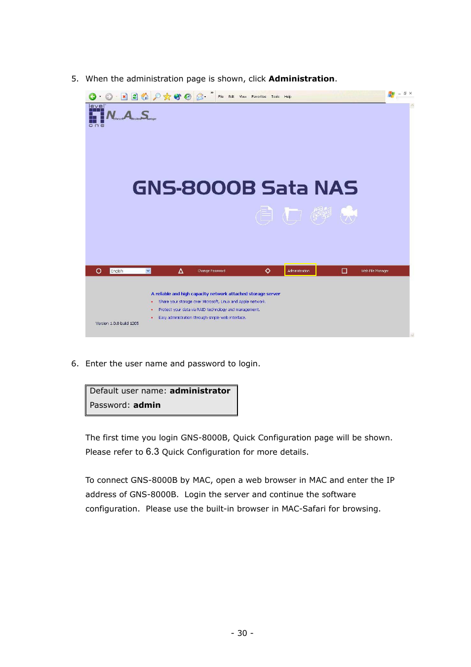 LevelOne 4-bay Sata NAS w/2 Gigabit Ethernet GNS-8000B User Manual | Page 30 / 135