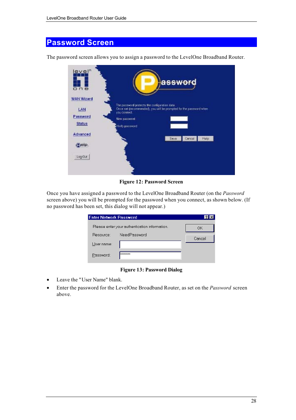 Password screen | LevelOne FBR-1400TX User Manual | Page 32 / 93
