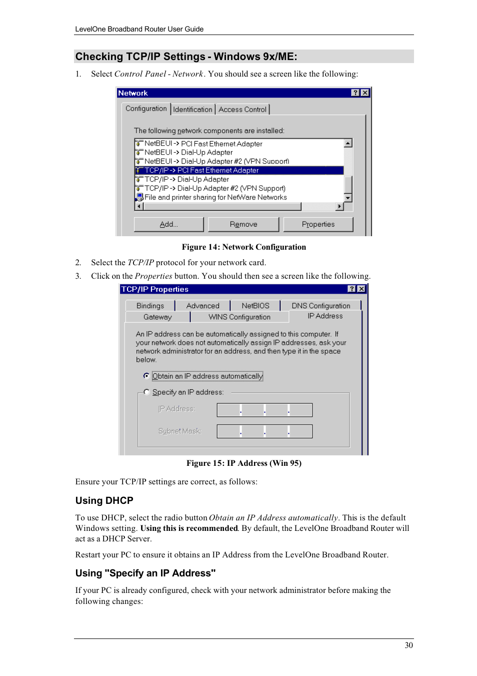 Checking tcp/ip settings - windows 9x/me | LevelOne FBR-1400TX User Manual | Page 34 / 93