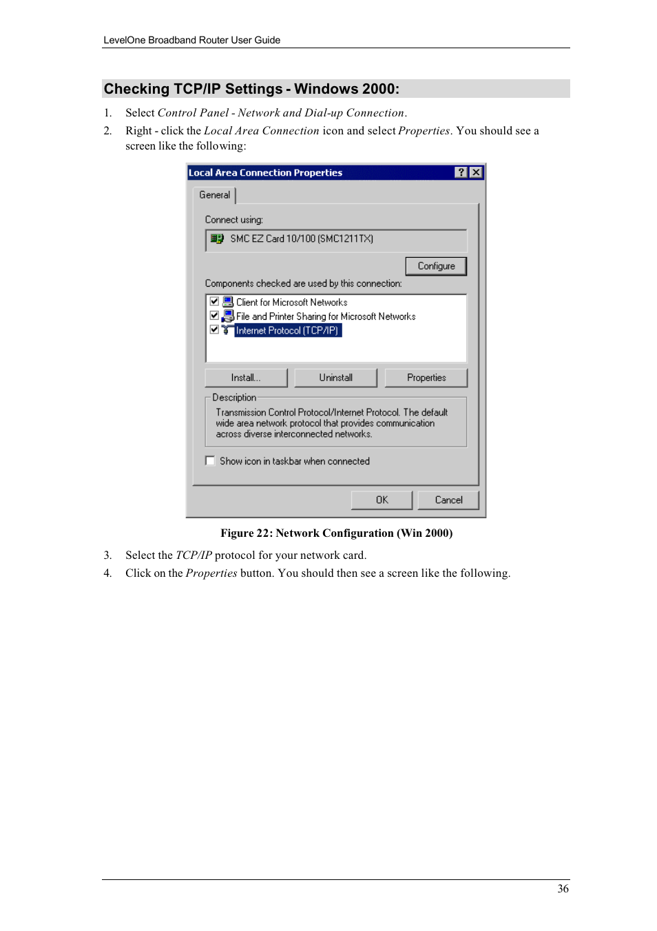 Checking tcp/ip settings - windows 2000 | LevelOne FBR-1400TX User Manual | Page 40 / 93