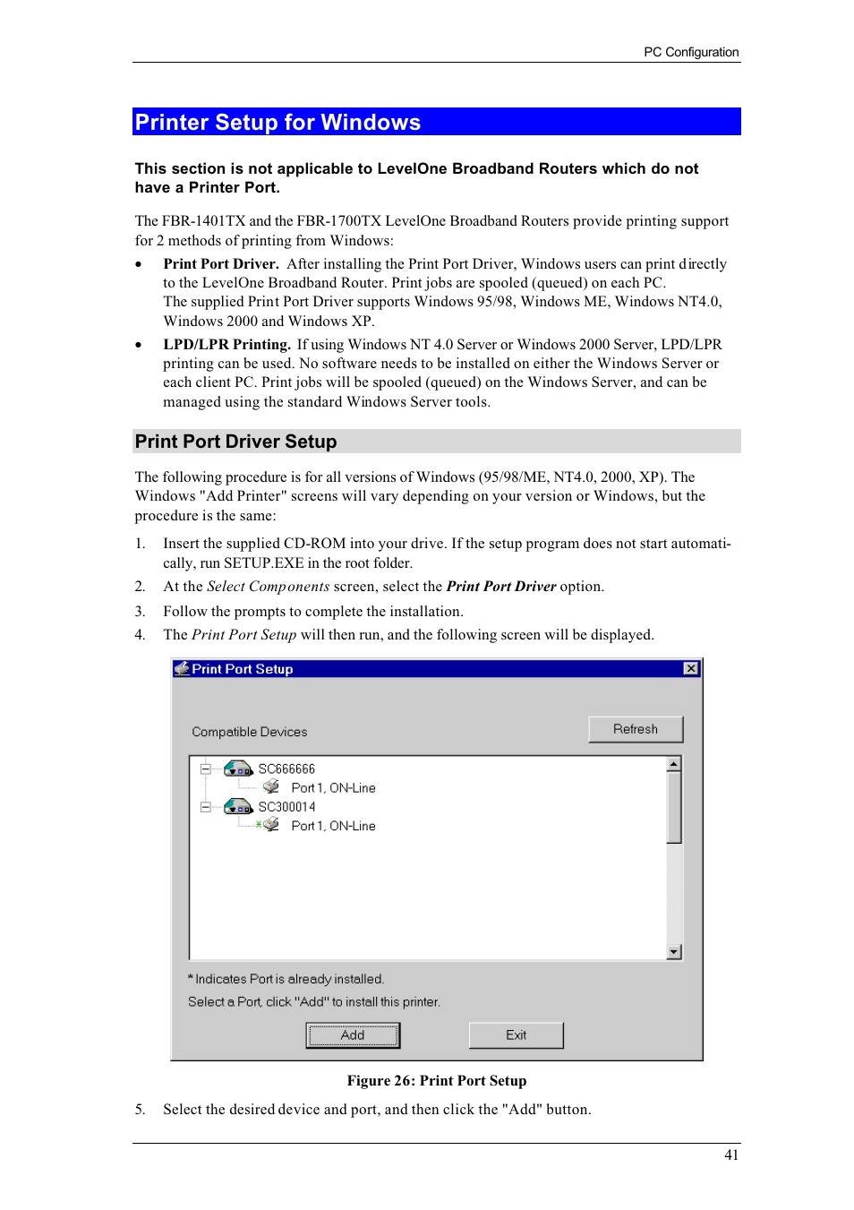 Printer setup for windows, Print port driver setup | LevelOne FBR-1400TX User Manual | Page 45 / 93